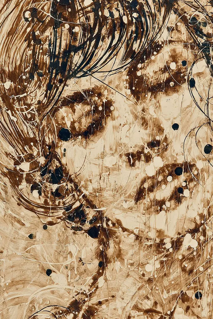 Midjourney generated image using SREF code Sepiawurp: A painting of a woman's face with black spots on it.