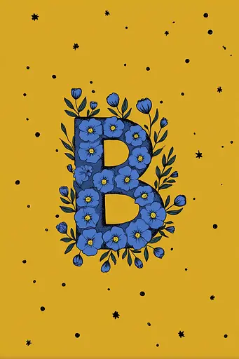 Midjourney generated image using SREF code Cheesequake: A yellow background with blue flowers and the letter B.