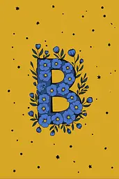 Midjourney generated image using SREF code Cheesequake: A yellow background with blue flowers and the letter B.