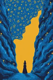 Midjourney generated image using SREF code Cheesequake: A woman in a long dress standing in the middle of a cave.
