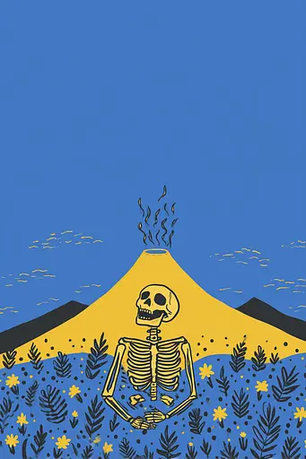 Midjourney generated image using SREF code Cheesequake: A skeleton sitting in the middle of a field of flowers.