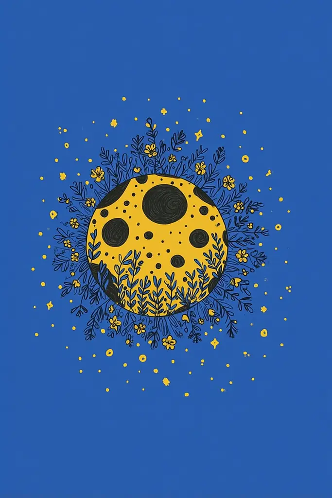 Midjourney generated image using SREF code Cheesequake: A drawing of a yellow moon surrounded by flowers and stars.