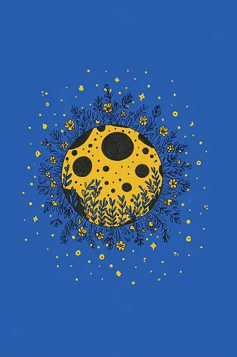 Midjourney generated image using SREF code Cheesequake: A drawing of a yellow moon surrounded by flowers and stars.