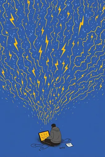 Midjourney generated image using SREF code Cheesequake: A man sitting on the ground with a laptop in front of a cloud of lightning.