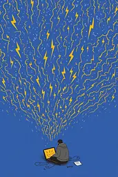 Midjourney generated image using SREF code Cheesequake: A man sitting on the ground with a laptop in front of a cloud of lightning.