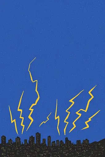 Midjourney generated image using SREF code Cheesequake: A city skyline with lightning bolts in the sky.