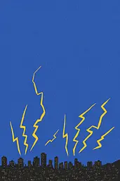 Midjourney generated image using SREF code Cheesequake: A city skyline with lightning bolts in the sky.