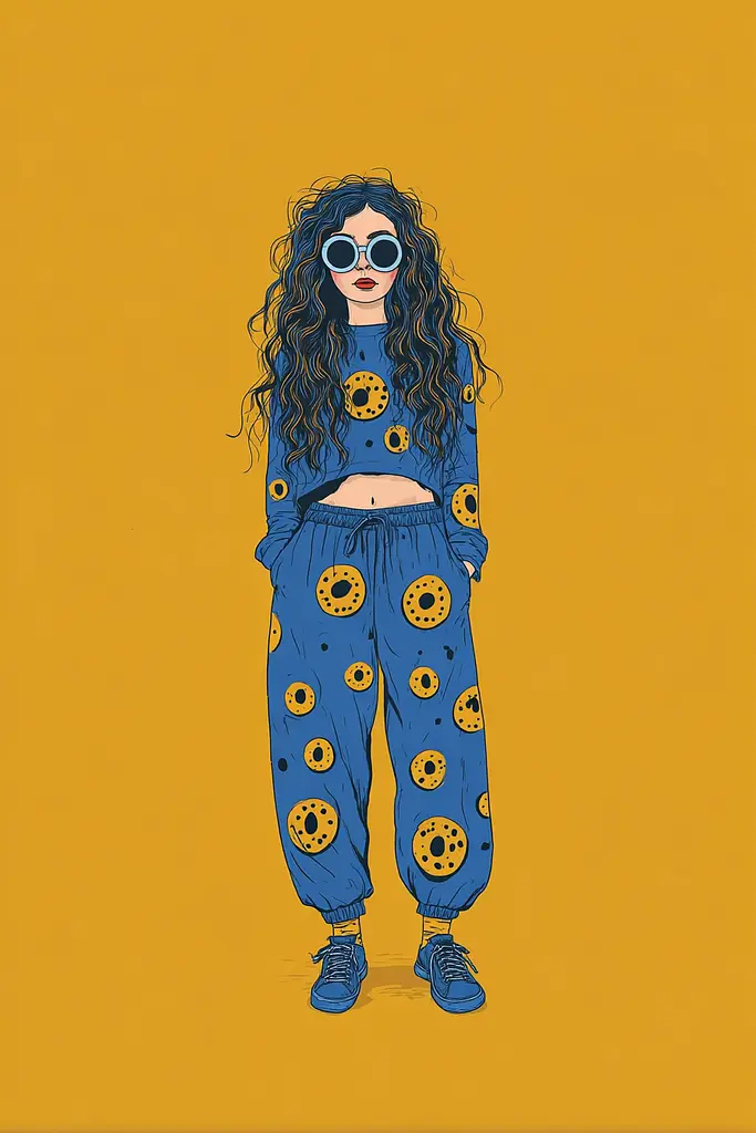 Midjourney generated image using SREF code Cheesequake: A woman wearing a blue sweatshirt and pants with donuts on it.