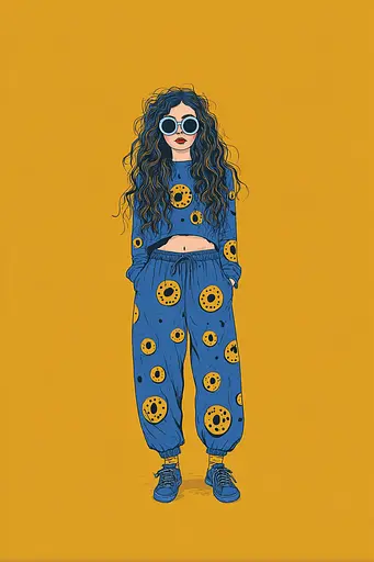 Midjourney generated image using SREF code Cheesequake: A woman wearing a blue sweatshirt and pants with donuts on it.
