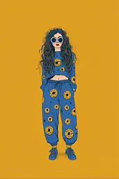 Midjourney generated image using SREF code Cheesequake: A woman wearing a blue sweatshirt and pants with donuts on it.