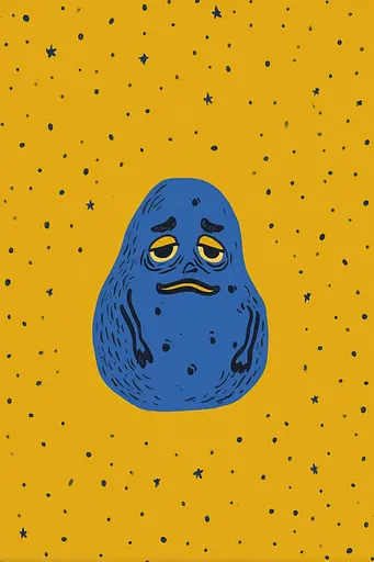 Midjourney generated image using SREF code Cheesequake: A blue potato with a sad face on a yellow background.