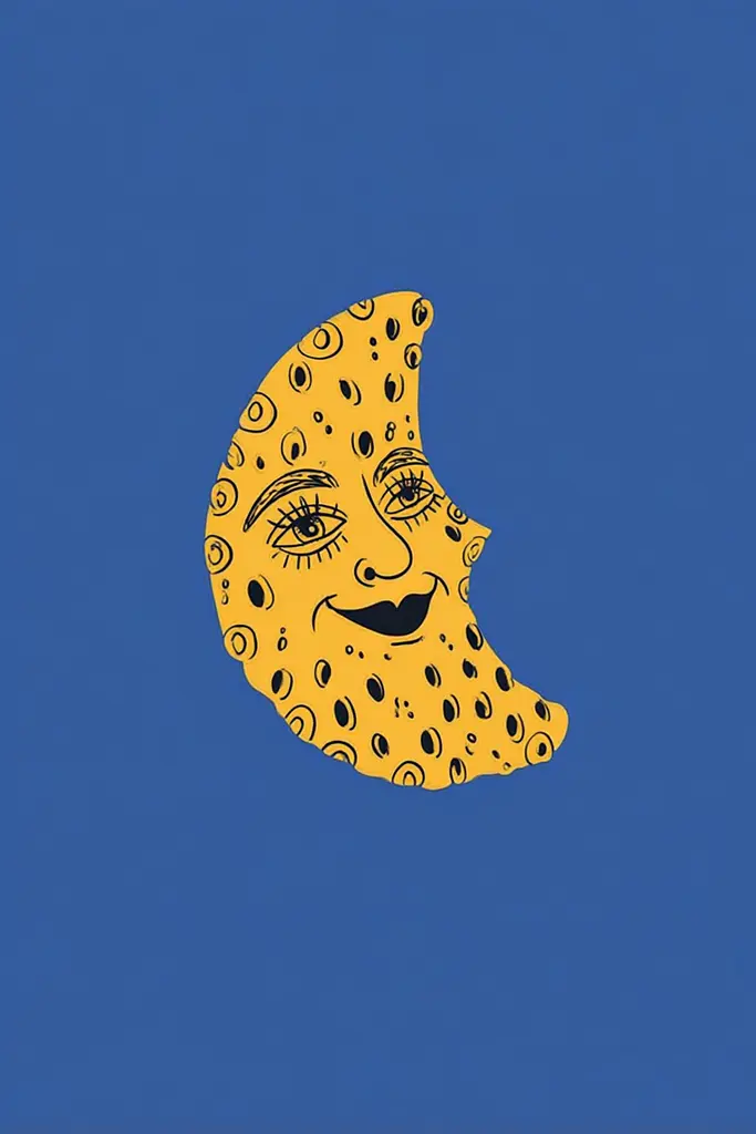 Midjourney generated image using SREF code Cheesequake: A drawing of a smiling moon on a blue background.