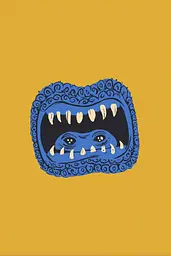 Midjourney generated image using SREF code Cheesequake: A blue monster with fangs and teeth on a yellow background.