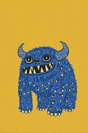Midjourney generated image using SREF code Cheesequake: A blue monster with horns on a yellow background.