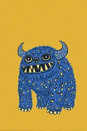 Midjourney generated image using SREF code Cheesequake: A blue monster with horns on a yellow background.