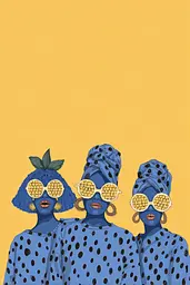 Midjourney generated image using SREF code Cheesequake: Three women wearing blue and yellow polka dot dresses and sunglasses.