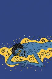 Midjourney generated image using SREF code Cheesequake: A blue and yellow illustration of a man laying on his back.
