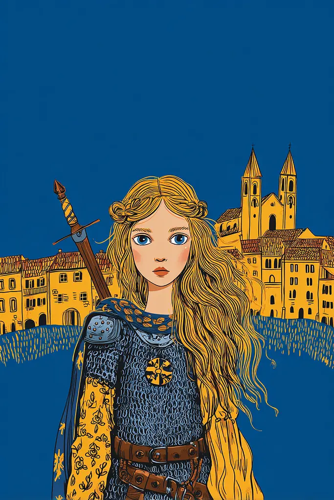 Midjourney generated image using SREF code Cheesequake: A woman in armor holding a sword in front of a castle.