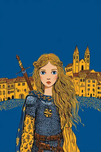 Midjourney generated image using SREF code Cheesequake: A woman in armor holding a sword in front of a castle.