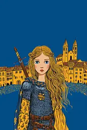Midjourney generated image using SREF code Cheesequake: A woman in armor holding a sword in front of a castle.