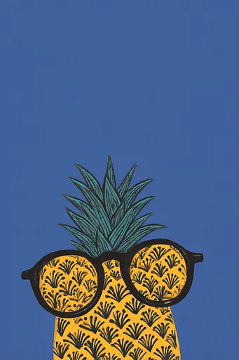 Midjourney generated image using SREF code Cheesequake: A pineapple wearing sunglasses on a blue background.