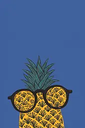 Midjourney generated image using SREF code Cheesequake: A pineapple wearing sunglasses on a blue background.