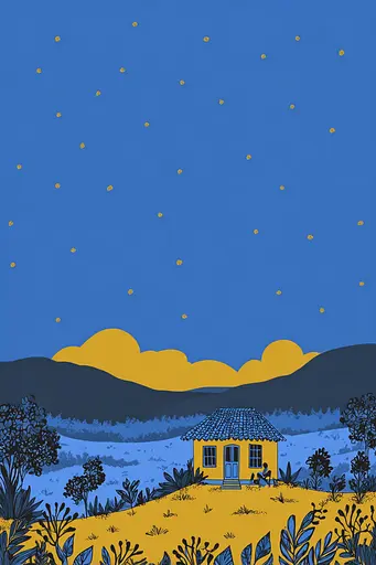 Midjourney generated image using SREF code Cheesequake: A small house in the middle of a field under a blue sky.