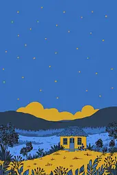 Midjourney generated image using SREF code Cheesequake: A small house in the middle of a field under a blue sky.