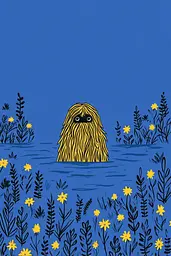 Midjourney generated image using SREF code Cheesequake: A drawing of a furry creature in a field of flowers.