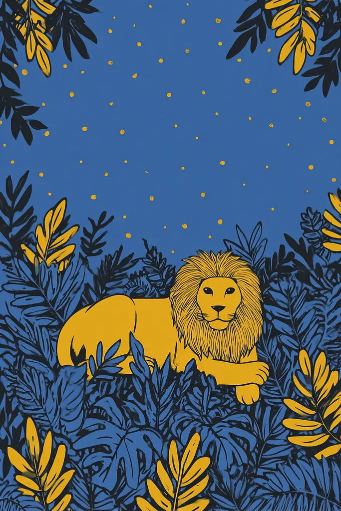 Midjourney generated image using SREF code Cheesequake: A lion laying in the middle of a lush green forest.