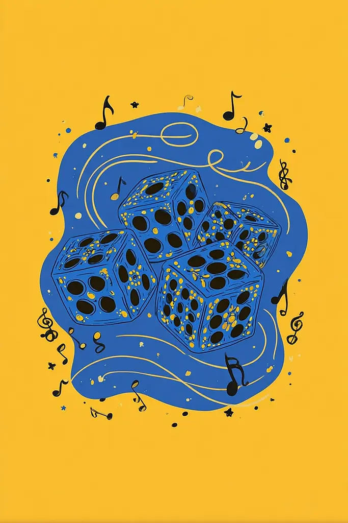 Midjourney generated image using SREF code Cheesequake: A blue and yellow illustration of four dices on a yellow background.