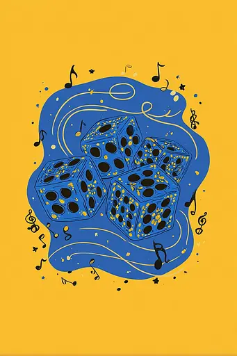 Midjourney generated image using SREF code Cheesequake: A blue and yellow illustration of four dices on a yellow background.