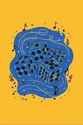 Midjourney generated image using SREF code Cheesequake: A blue and yellow illustration of four dices on a yellow background.