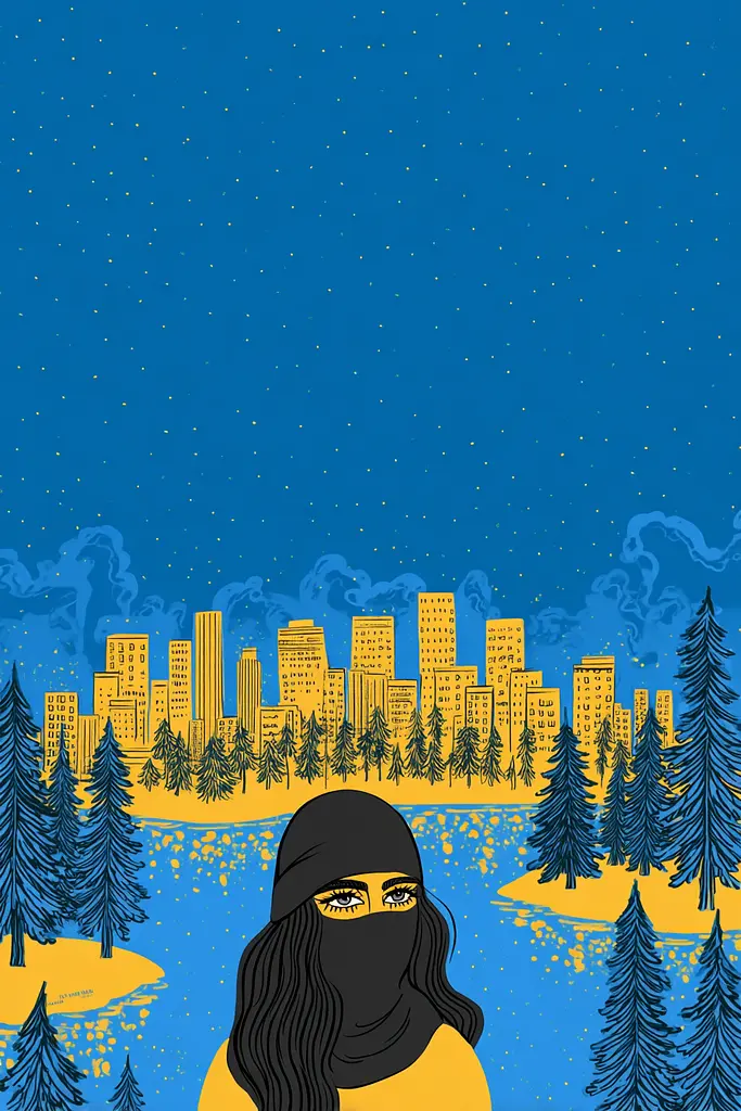 Midjourney generated image using SREF code Cheesequake: A woman wearing a burka standing in front of a city.