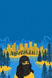 Midjourney generated image using SREF code Cheesequake: A woman wearing a burka standing in front of a city.