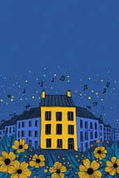 Midjourney generated image using SREF code Cheesequake: A drawing of a yellow house surrounded by yellow flowers.