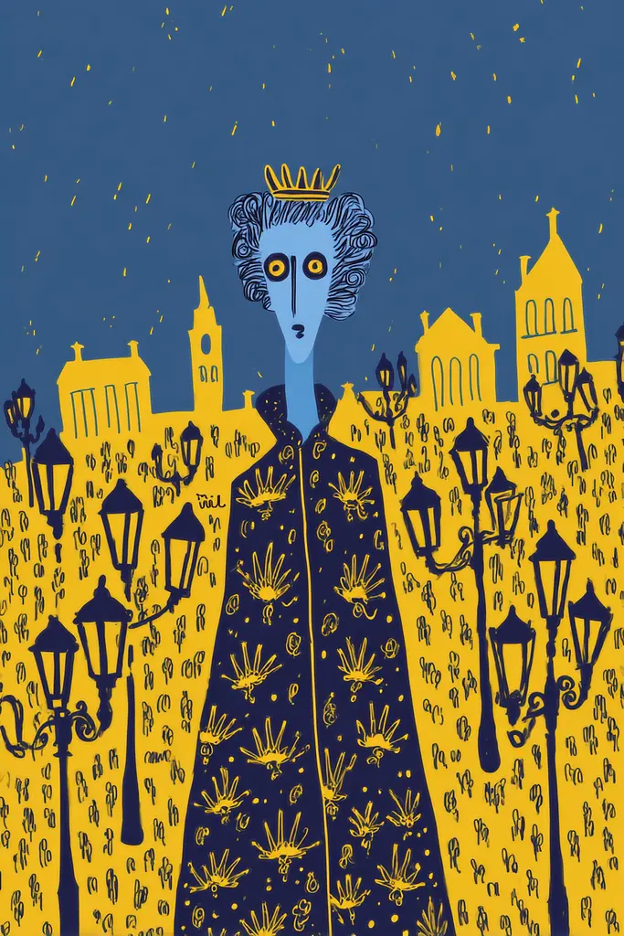 Midjourney generated image using SREF code Cheesequake: A woman in a blue and yellow dress standing in front of a city.