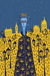 Midjourney generated image using SREF code Cheesequake: A woman in a blue and yellow dress standing in front of a city.