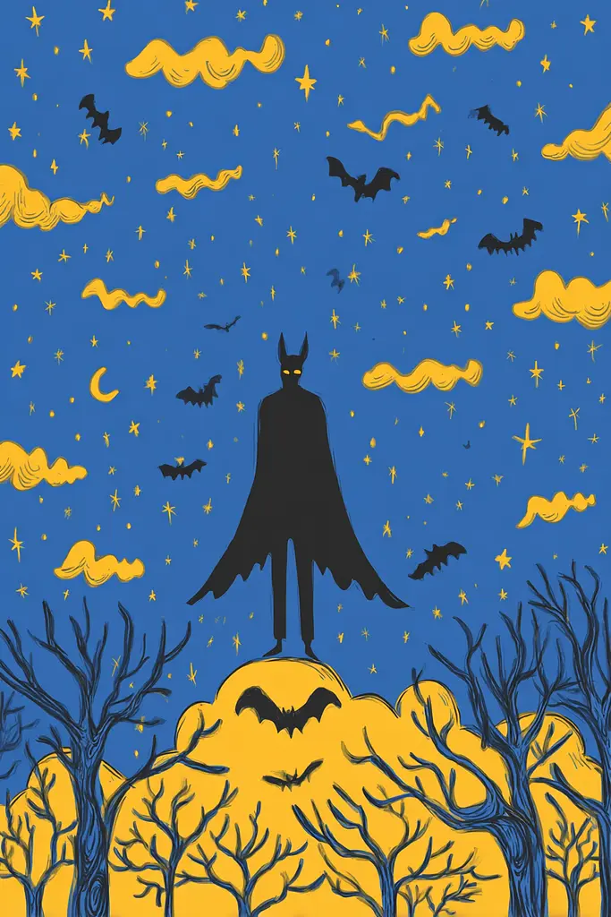 Midjourney generated image using SREF code Cheesequake: A batman standing on top of a hill surrounded by bats.