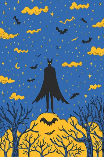 Midjourney generated image using SREF code Cheesequake: A batman standing on top of a hill surrounded by bats.