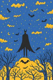 Midjourney generated image using SREF code Cheesequake: A batman standing on top of a hill surrounded by bats.