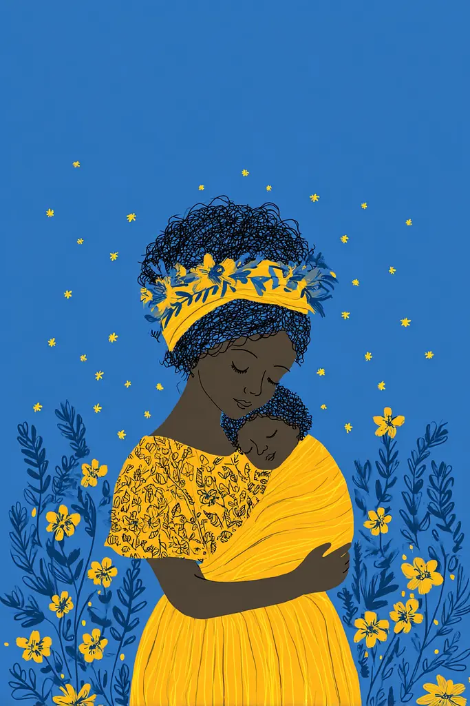 Midjourney generated image using SREF code Cheesequake: A woman in a yellow dress holding a baby in her arms.