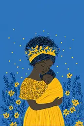 Midjourney generated image using SREF code Cheesequake: A woman in a yellow dress holding a baby in her arms.