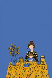 Midjourney generated image using SREF code Cheesequake: A woman sitting at a table with a child.