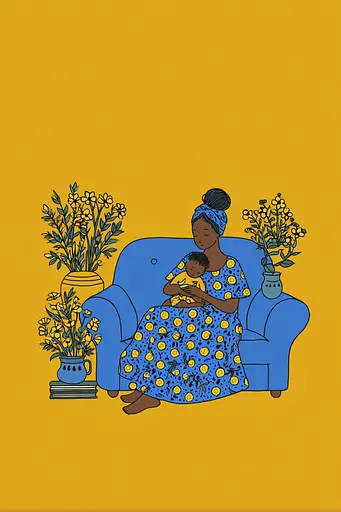 Midjourney generated image using SREF code Cheesequake: A woman sitting on a blue couch holding a baby.