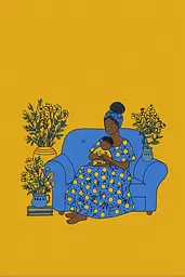 Midjourney generated image using SREF code Cheesequake: A woman sitting on a blue couch holding a baby.
