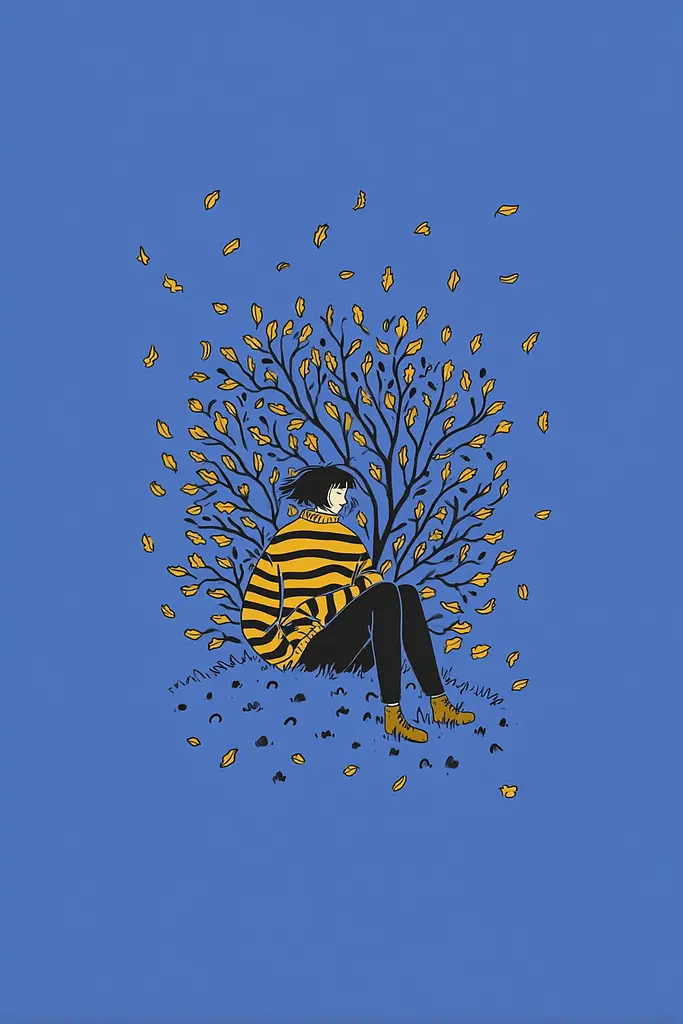 Midjourney generated image using SREF code Cheesequake: A person sitting under a tree with leaves falling from it.