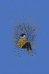Midjourney generated image using SREF code Cheesequake: A person sitting under a tree with leaves falling from it.