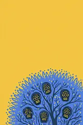 Midjourney generated image using SREF code Cheesequake: A blue and yellow background with skulls in a tree.