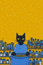 Midjourney generated image using SREF code Cheesequake: A black cat sitting in a pot of food in front of a shelf of jars.